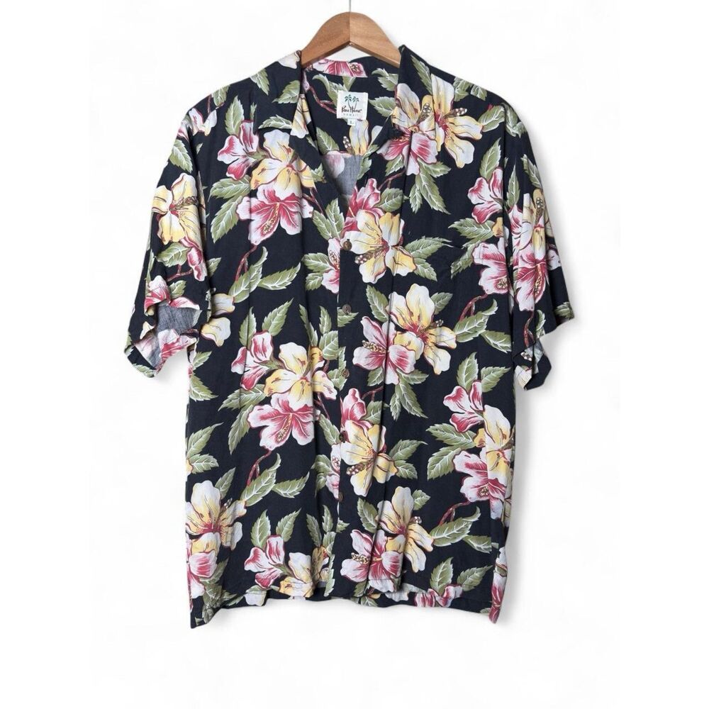 Early 00s Pau Hana Black Hibiscus Aloha Shirt Soft Rayon Oversized Unisex Large